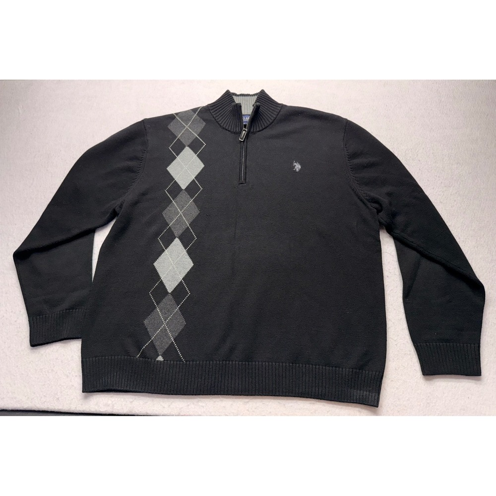 US Polo Assn Mens XXL Black Argyle Quarter Zip Cotton Sweater SRUS15274